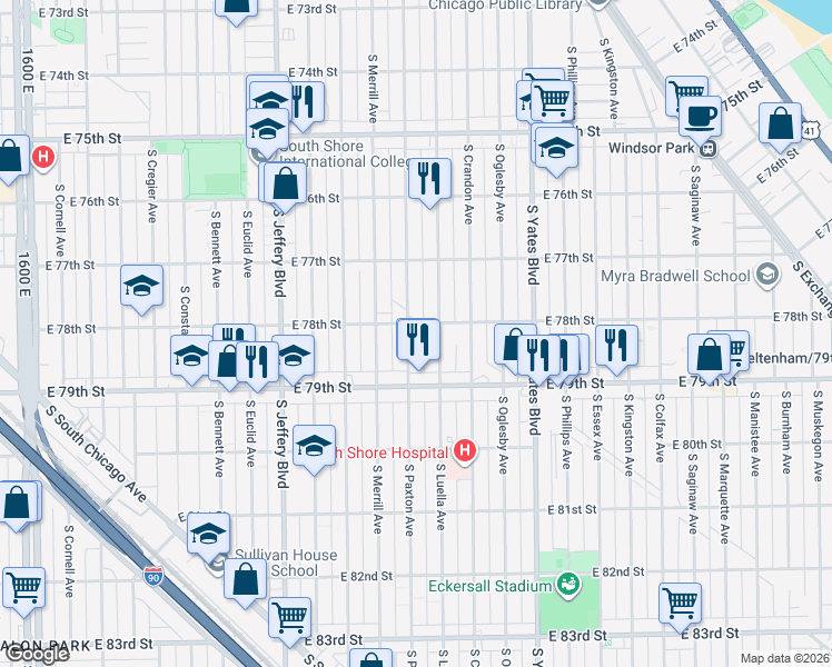 map of restaurants, bars, coffee shops, grocery stores, and more near 7832 South Paxton Avenue in Chicago