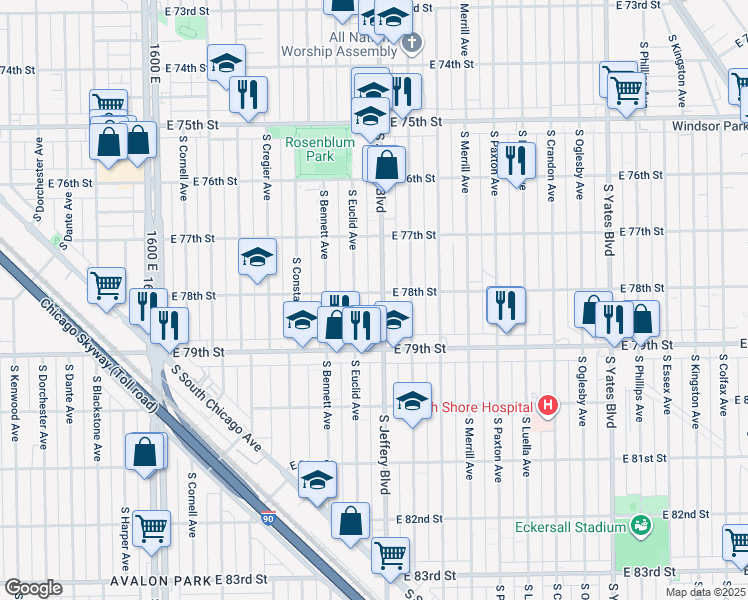 map of restaurants, bars, coffee shops, grocery stores, and more near 7835 South Jeffery Boulevard in Chicago