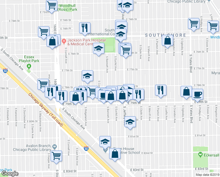 map of restaurants, bars, coffee shops, grocery stores, and more near 7828 South Euclid Avenue in Chicago