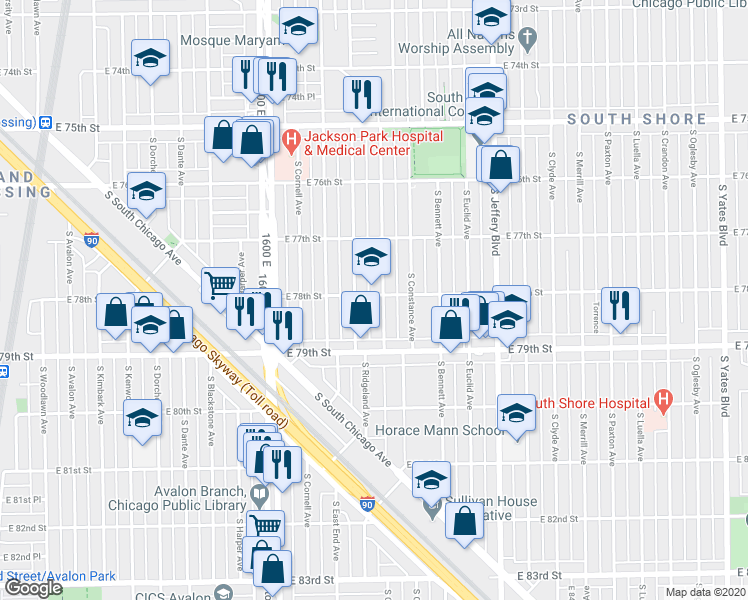 map of restaurants, bars, coffee shops, grocery stores, and more near 7829 South Ridgeland Avenue in Chicago