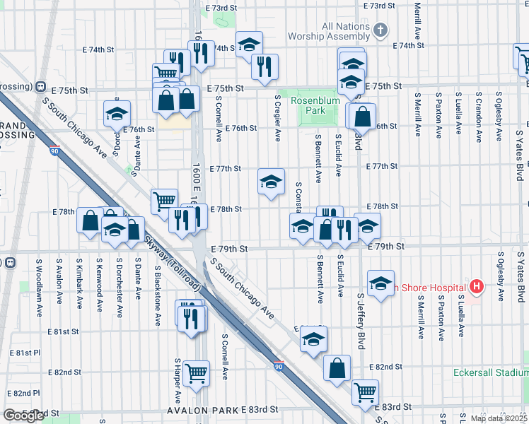 map of restaurants, bars, coffee shops, grocery stores, and more near 7829 South Ridgeland Avenue in Chicago