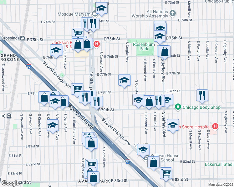 map of restaurants, bars, coffee shops, grocery stores, and more near 7829 South Ridgeland Avenue in Chicago