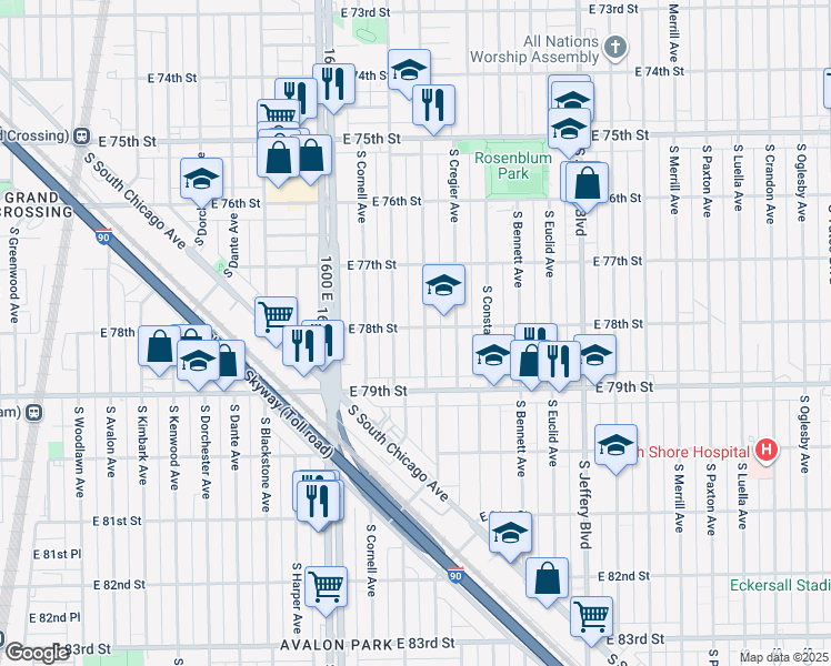 map of restaurants, bars, coffee shops, grocery stores, and more near 7829 South Ridgeland Avenue in Chicago