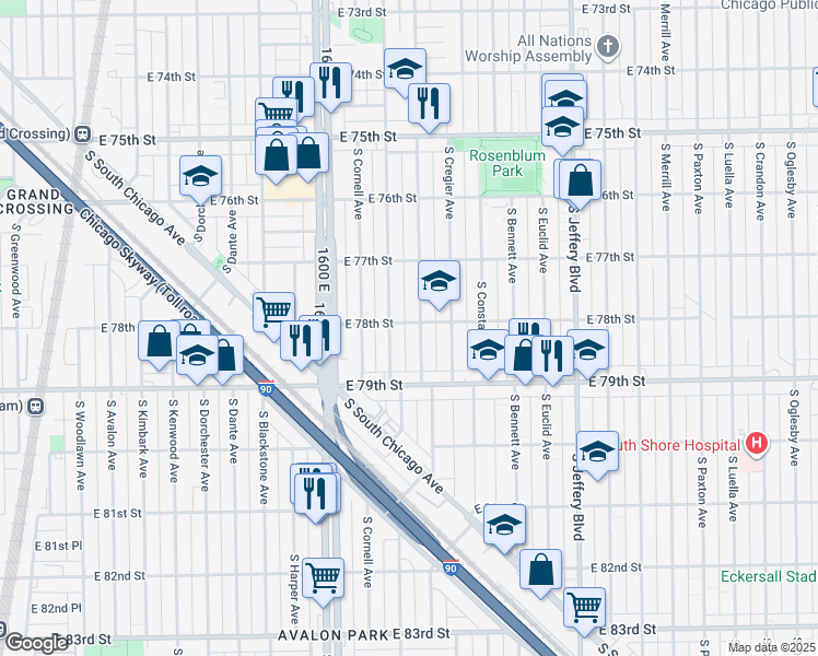 map of restaurants, bars, coffee shops, grocery stores, and more near 7829 South Ridgeland Avenue in Chicago
