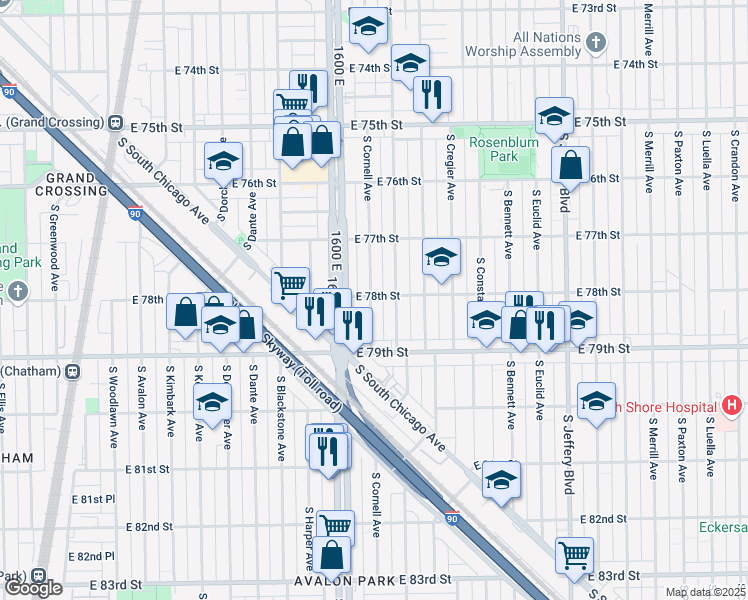 map of restaurants, bars, coffee shops, grocery stores, and more near 7824 South Cornell Avenue in Chicago