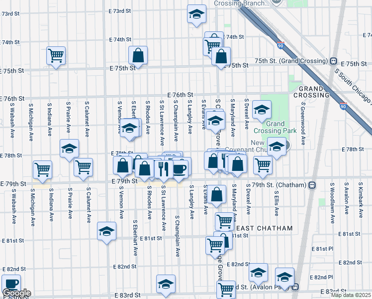 map of restaurants, bars, coffee shops, grocery stores, and more near 7817 South Langley Avenue in Chicago