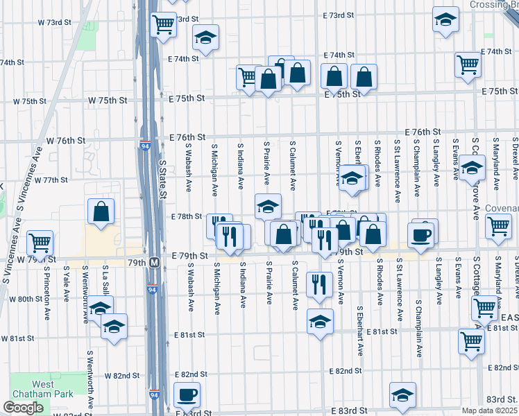 map of restaurants, bars, coffee shops, grocery stores, and more near 7800 South Prairie Avenue in Chicago