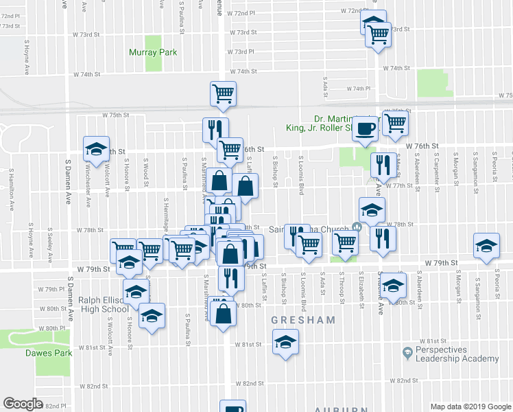map of restaurants, bars, coffee shops, grocery stores, and more near 7702 South Bishop Street in Chicago