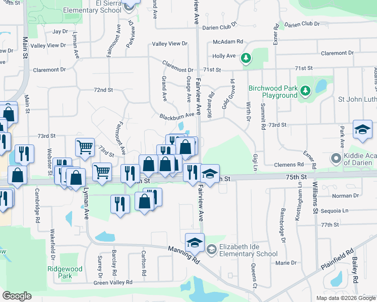 map of restaurants, bars, coffee shops, grocery stores, and more near 414 75th Street in Downers Grove