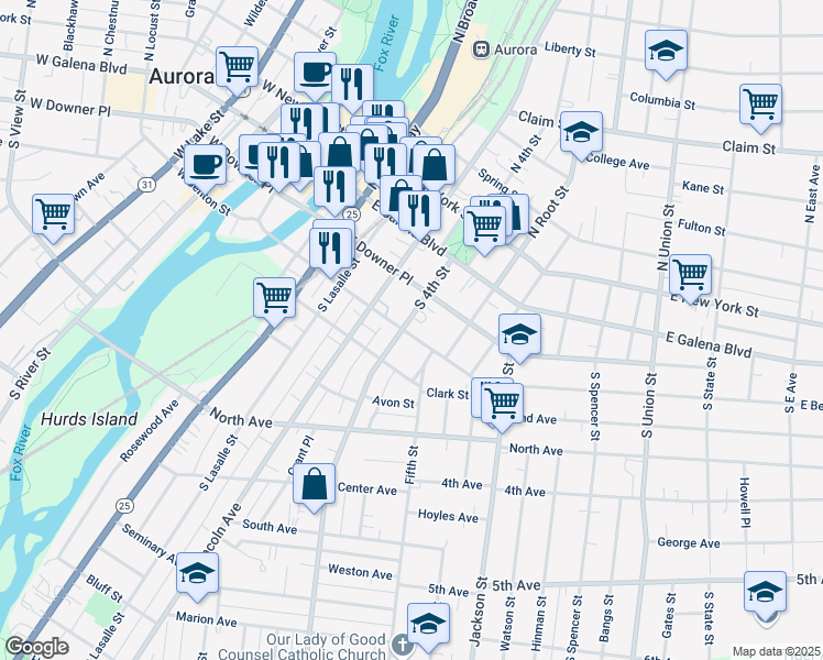 map of restaurants, bars, coffee shops, grocery stores, and more near 427 East Benton Street in Aurora