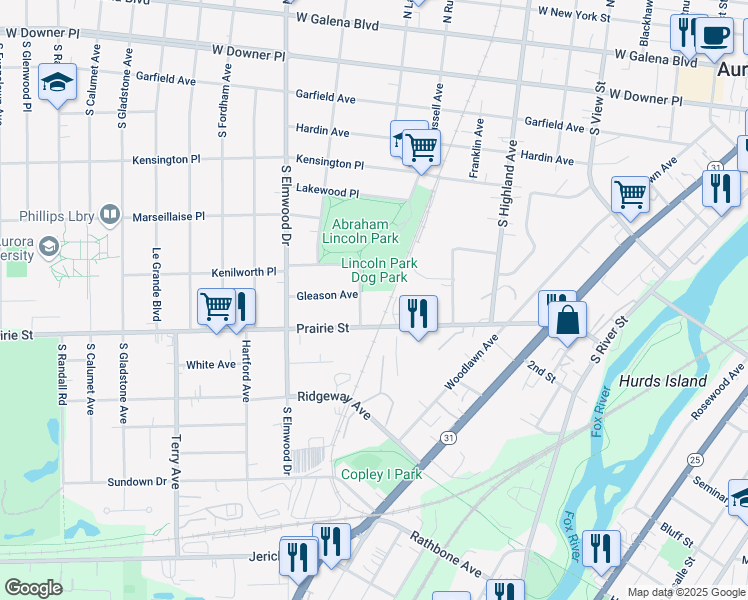 map of restaurants, bars, coffee shops, grocery stores, and more near 777 Prairie Street in Aurora
