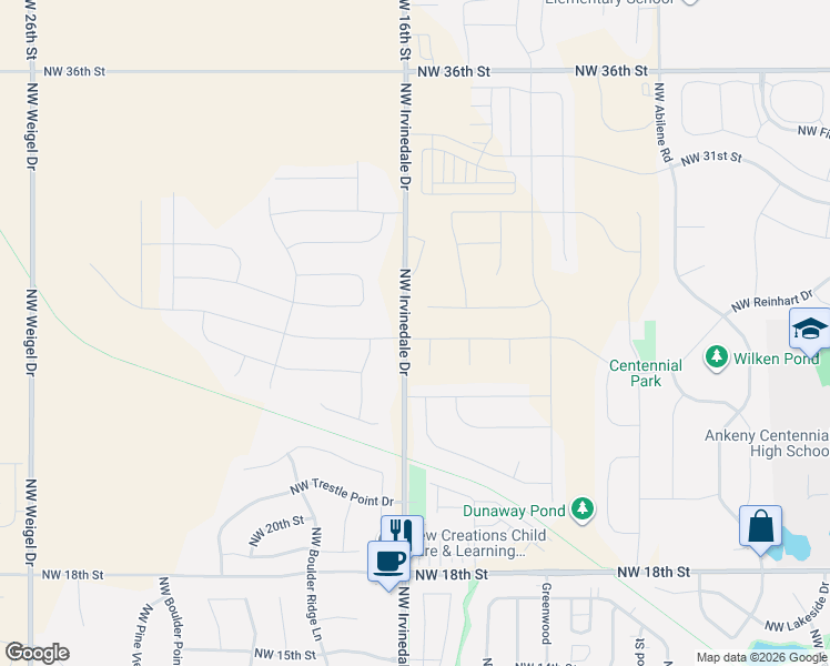 map of restaurants, bars, coffee shops, grocery stores, and more near 3020 Northwest Reinhart Drive in Ankeny