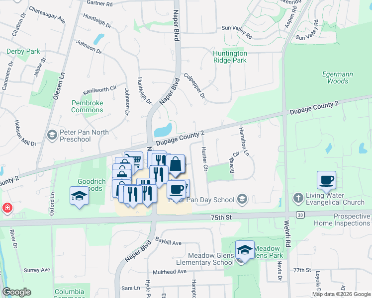 map of restaurants, bars, coffee shops, grocery stores, and more near 1220 Hobson Road in Naperville