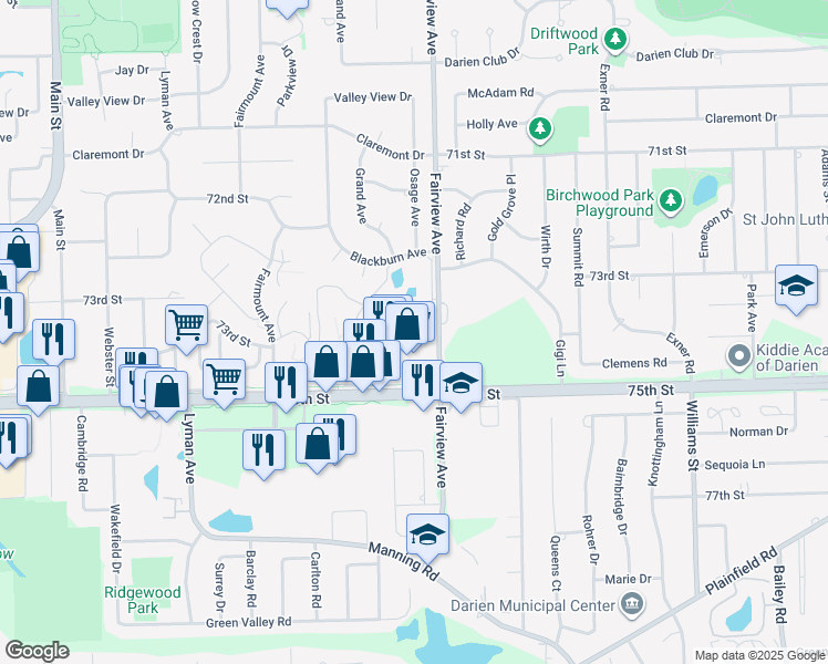 map of restaurants, bars, coffee shops, grocery stores, and more near 420 74th Street in Downers Grove