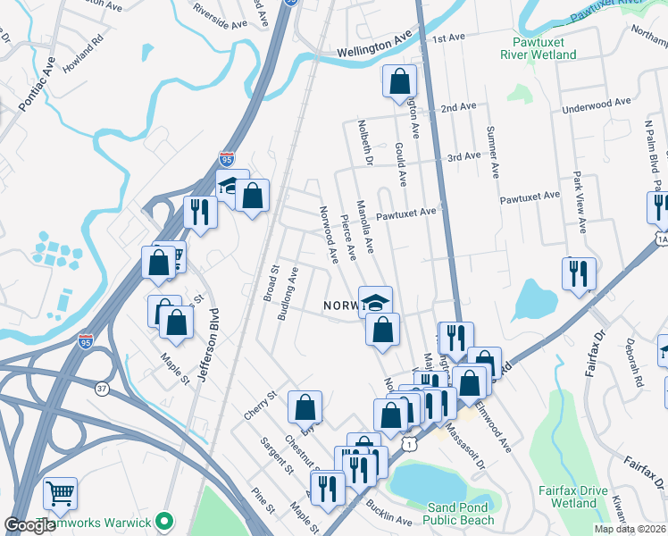 map of restaurants, bars, coffee shops, grocery stores, and more near in Warwick
