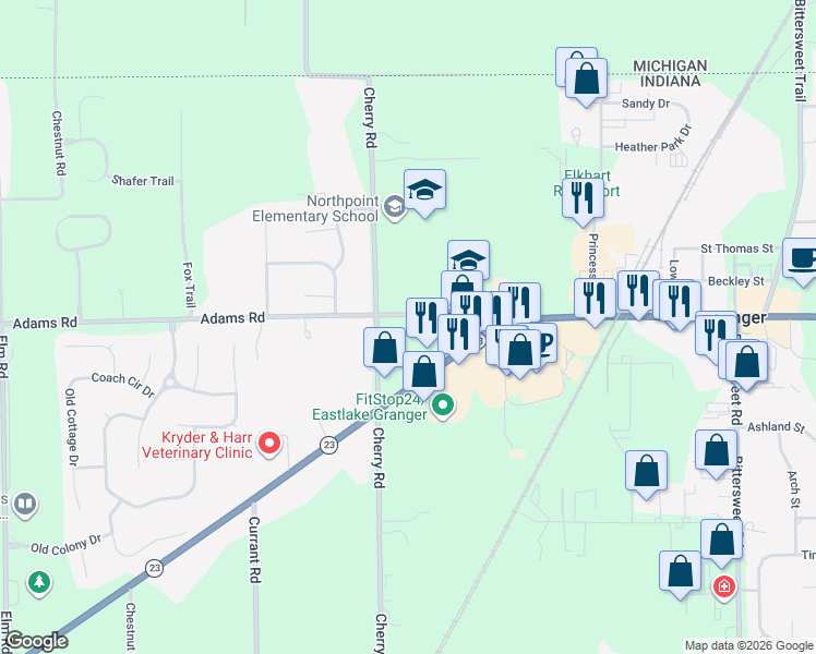 map of restaurants, bars, coffee shops, grocery stores, and more near 51000-51098 Cherry Rd in Granger