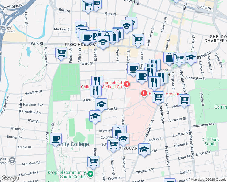 map of restaurants, bars, coffee shops, grocery stores, and more near 21 Lincoln Street in Hartford