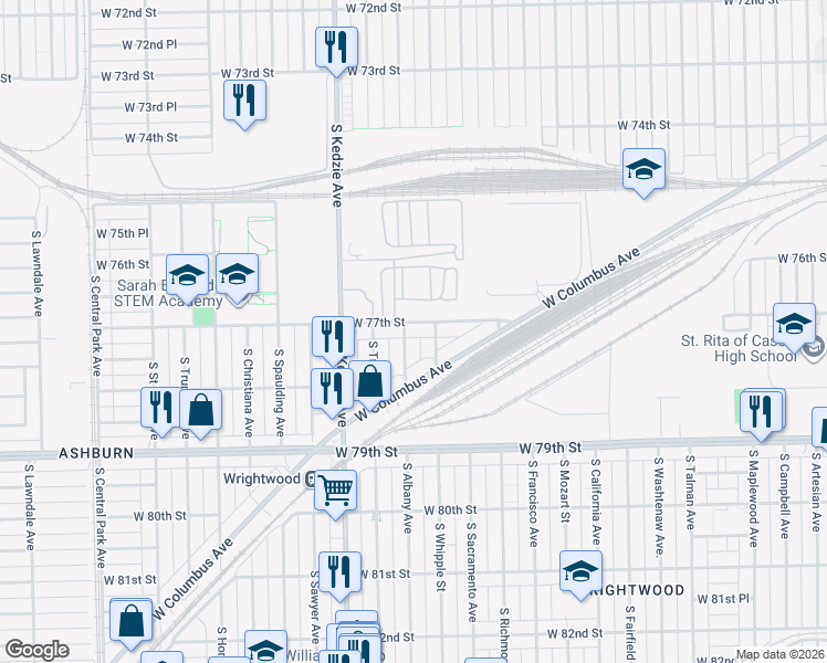 map of restaurants, bars, coffee shops, grocery stores, and more near 7730 South Whipple Street in Chicago