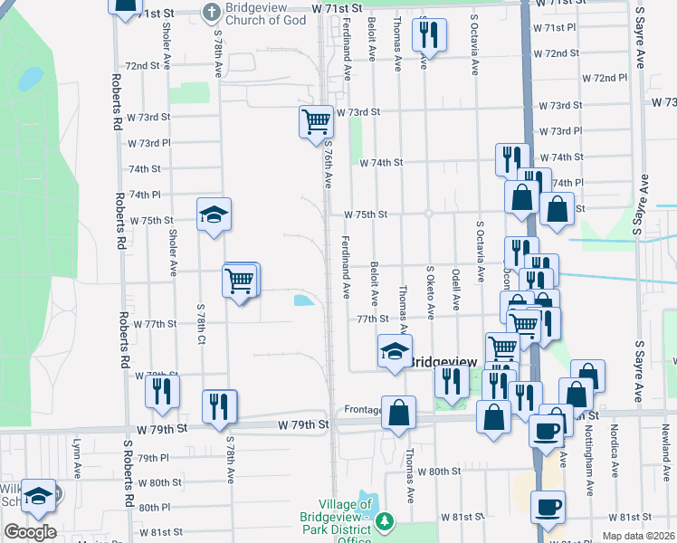 map of restaurants, bars, coffee shops, grocery stores, and more near 7625 Ferdinand Avenue in Bridgeview