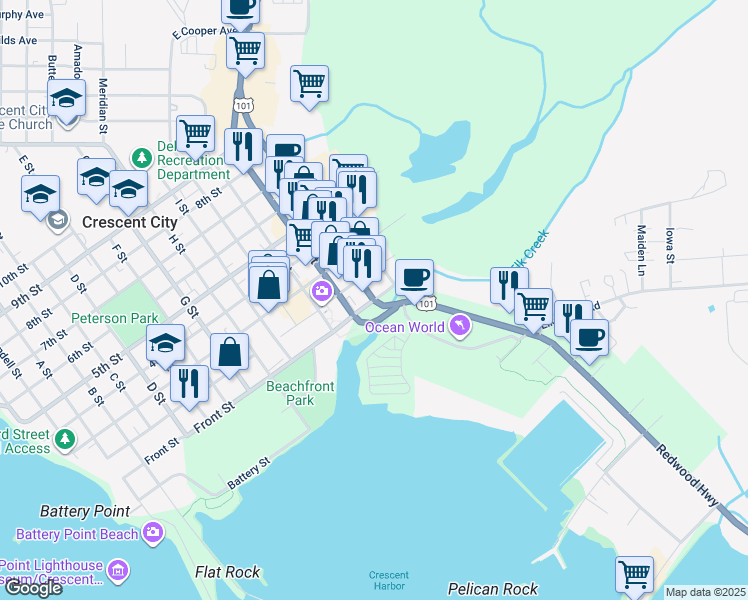 map of restaurants, bars, coffee shops, grocery stores, and more near 1301 Front Street in Crescent City