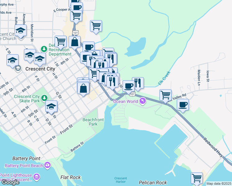 map of restaurants, bars, coffee shops, grocery stores, and more near 1301 Front Street in Crescent City