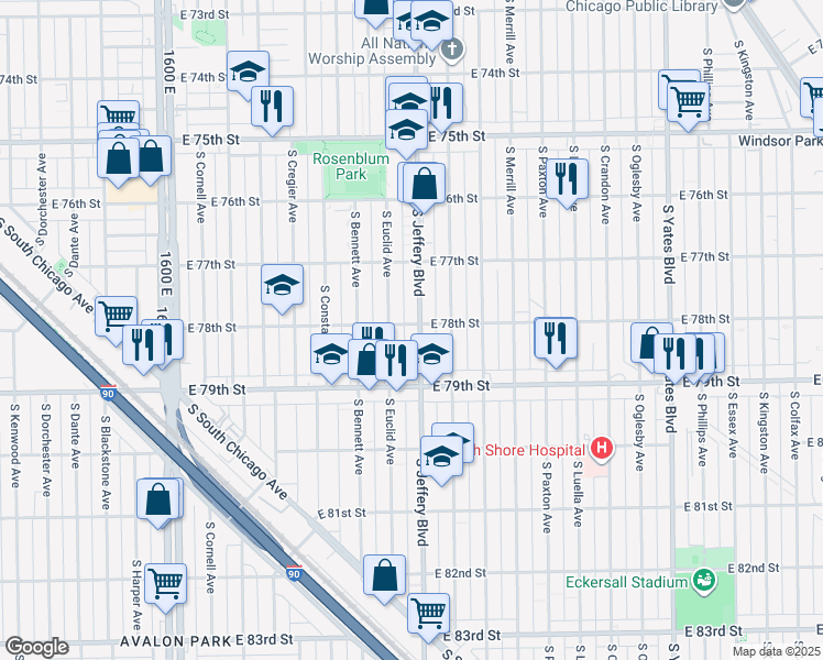 map of restaurants, bars, coffee shops, grocery stores, and more near 7738 South Jeffery Boulevard in Chicago