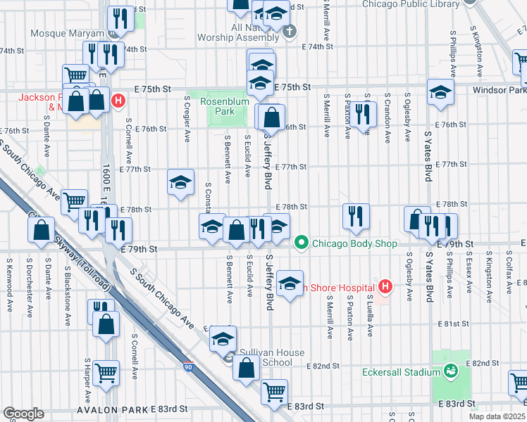 map of restaurants, bars, coffee shops, grocery stores, and more near 7800 South Jeffery Boulevard in Chicago