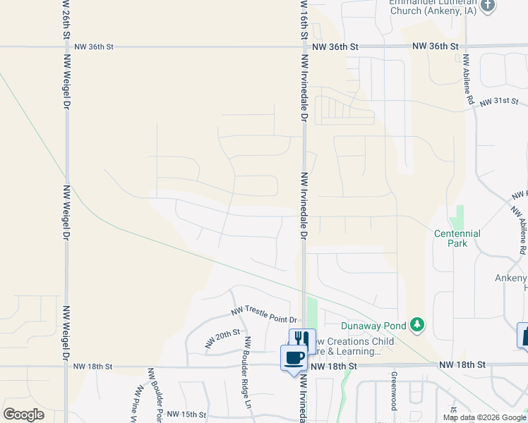 map of restaurants, bars, coffee shops, grocery stores, and more near 3118 Northwest Reinhart Drive in Ankeny
