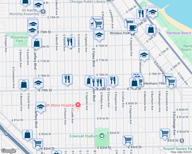 map of restaurants, bars, coffee shops, grocery stores, and more near 7801 South Yates Boulevard in Chicago