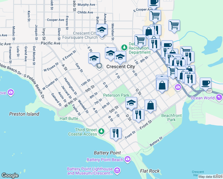 map of restaurants, bars, coffee shops, grocery stores, and more near 485 9th Street in Crescent City