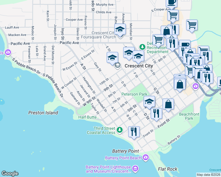 map of restaurants, bars, coffee shops, grocery stores, and more near 300-370 9th Street in Crescent City