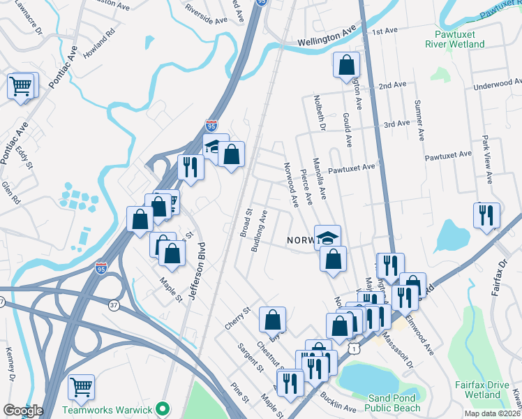 map of restaurants, bars, coffee shops, grocery stores, and more near 24 Broad Street in Warwick