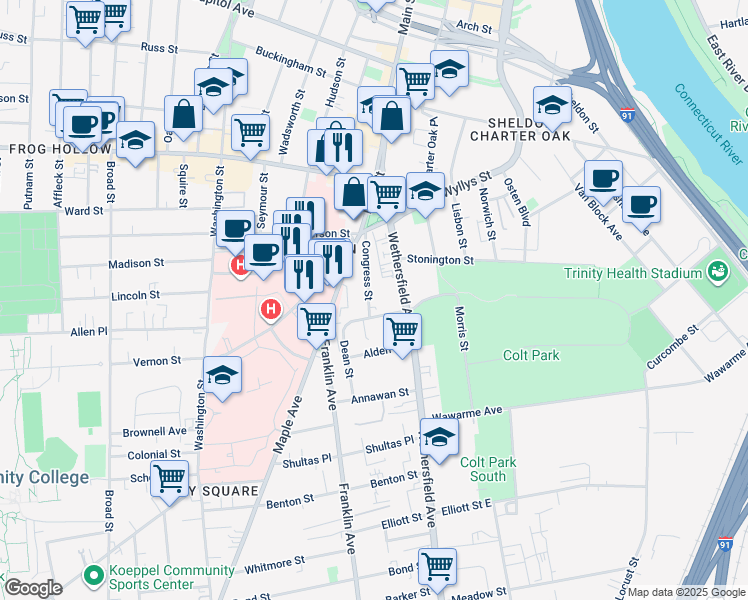 map of restaurants, bars, coffee shops, grocery stores, and more near 27 Congress Street in Hartford