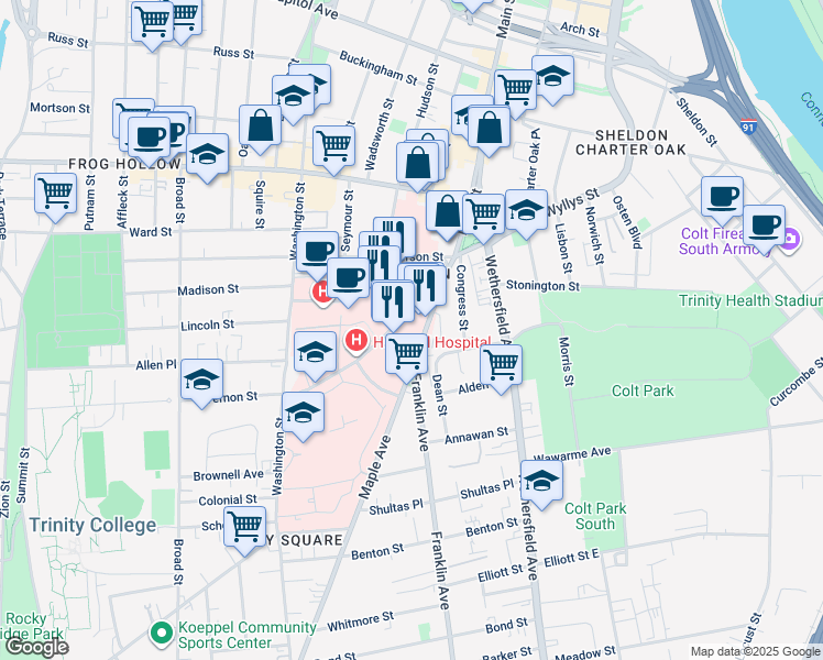 map of restaurants, bars, coffee shops, grocery stores, and more near 56 Retreat Avenue in Hartford