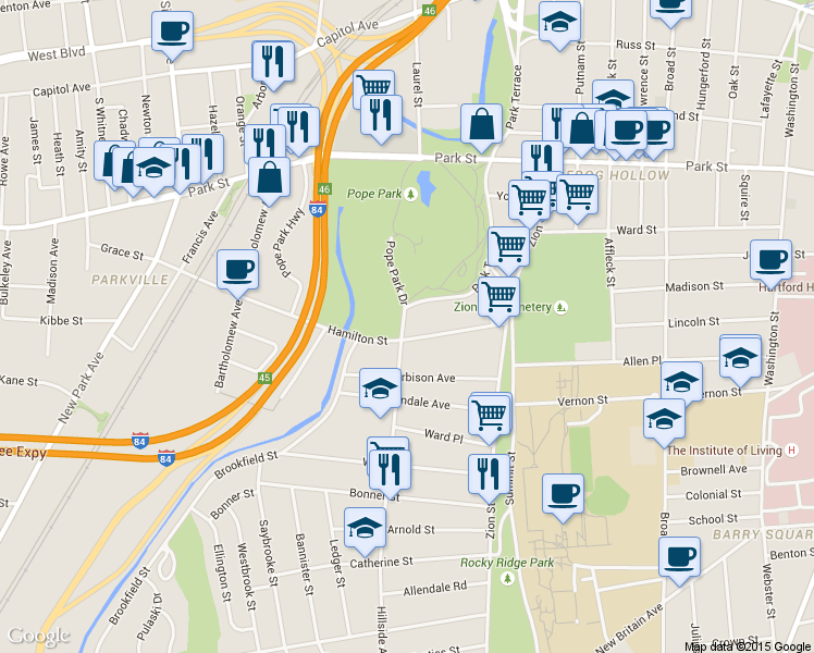 map of restaurants, bars, coffee shops, grocery stores, and more near 4 Hillside Avenue in Hartford