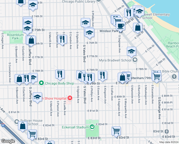 map of restaurants, bars, coffee shops, grocery stores, and more near 7742 South Phillips Avenue in Chicago
