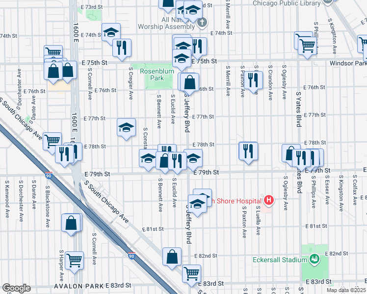 map of restaurants, bars, coffee shops, grocery stores, and more near 7738 South Jeffery Boulevard in Chicago
