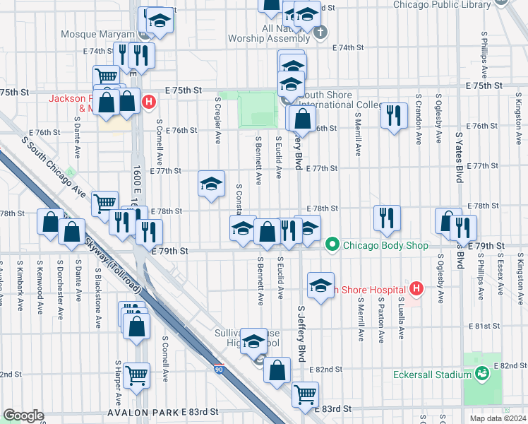 map of restaurants, bars, coffee shops, grocery stores, and more near 7740 South Euclid Avenue in Chicago
