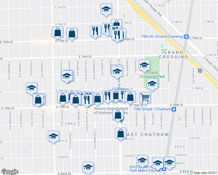 map of restaurants, bars, coffee shops, grocery stores, and more near 7729 South Langley Avenue in Chicago