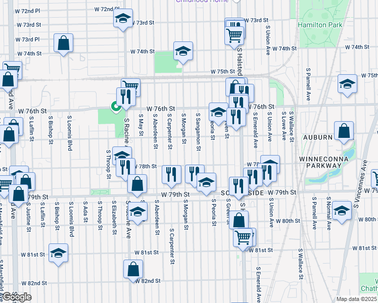 map of restaurants, bars, coffee shops, grocery stores, and more near 7704 South Sangamon Street in Chicago