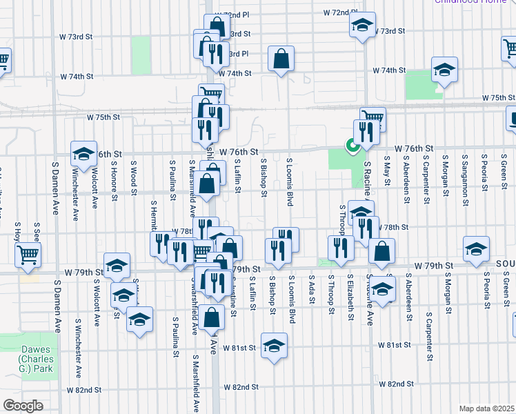 map of restaurants, bars, coffee shops, grocery stores, and more near 7701 South Bishop Street in Chicago