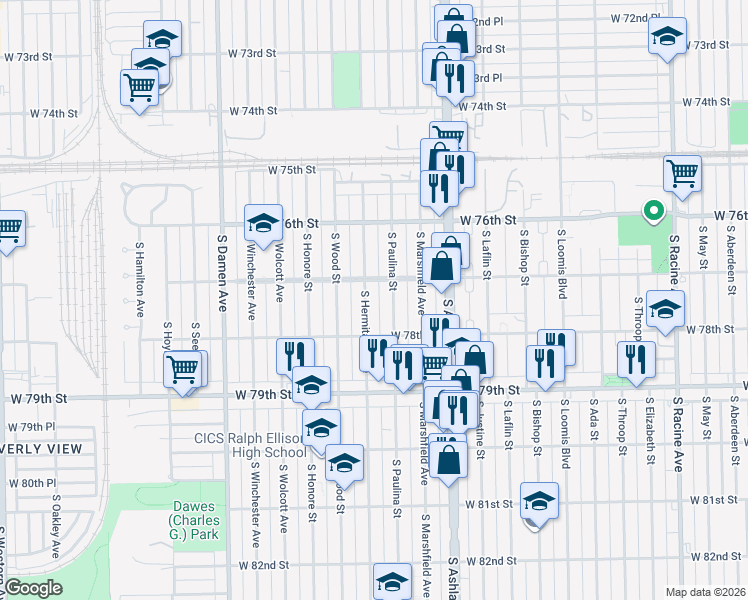 map of restaurants, bars, coffee shops, grocery stores, and more near in Chicago