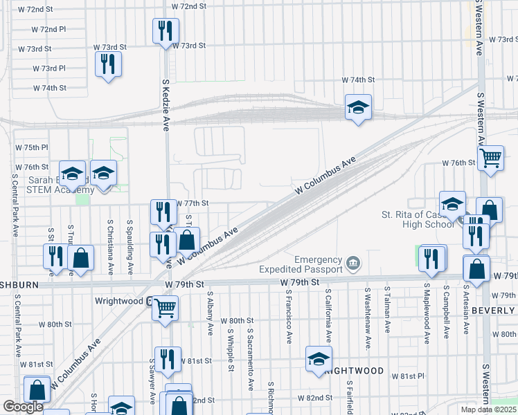 map of restaurants, bars, coffee shops, grocery stores, and more near 3016 West 77th Street in Chicago