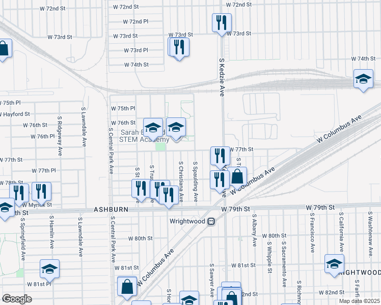 map of restaurants, bars, coffee shops, grocery stores, and more near 7651 South Homan Avenue in Chicago