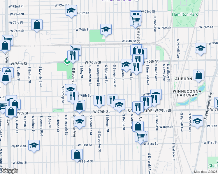 map of restaurants, bars, coffee shops, grocery stores, and more near 7704 South Sangamon Street in Chicago