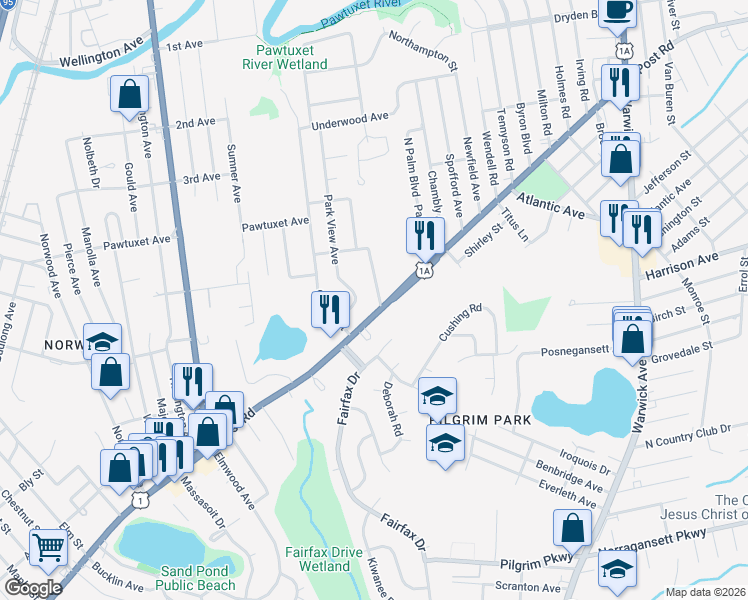 map of restaurants, bars, coffee shops, grocery stores, and more near 789 Post Road in Warwick