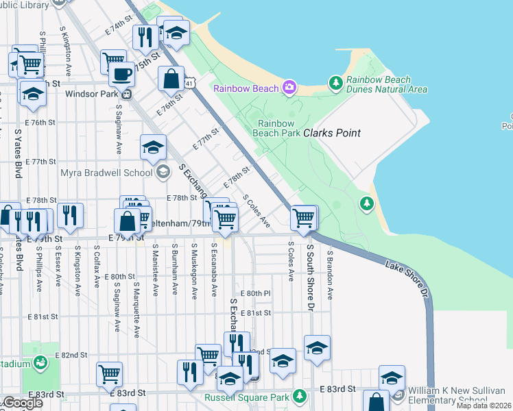 map of restaurants, bars, coffee shops, grocery stores, and more near 7855 South Coles Avenue in Chicago