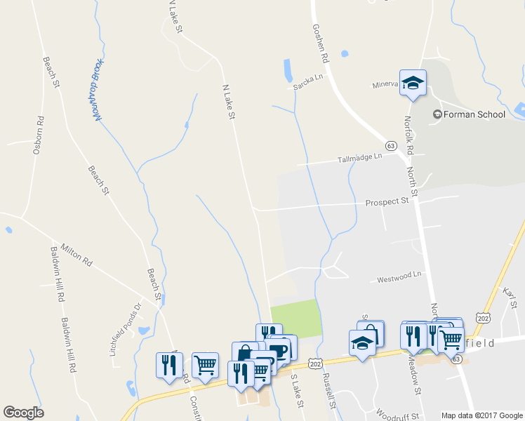 map of restaurants, bars, coffee shops, grocery stores, and more near 166 Prospect Street in Litchfield