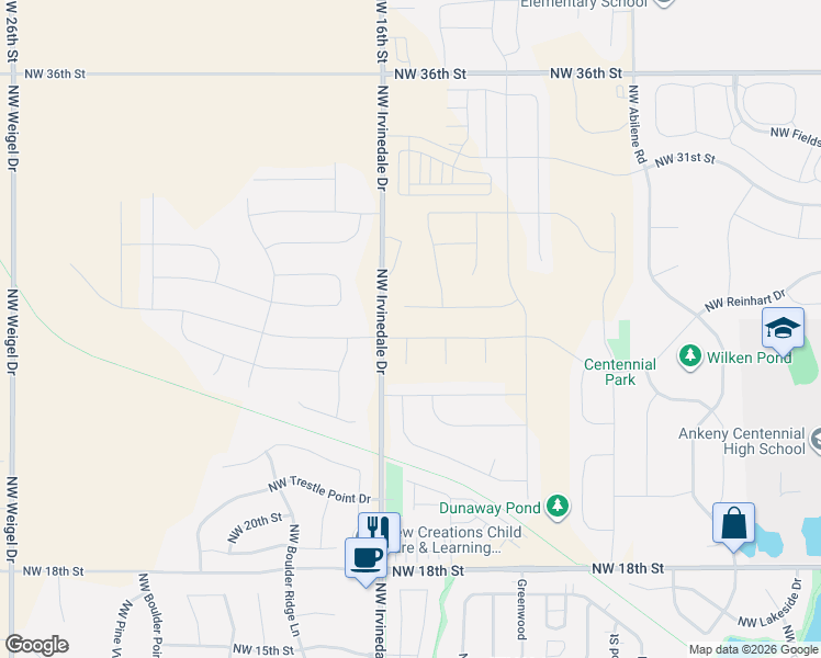 map of restaurants, bars, coffee shops, grocery stores, and more near 10674 Northwest Irvinedale Drive in Ankeny