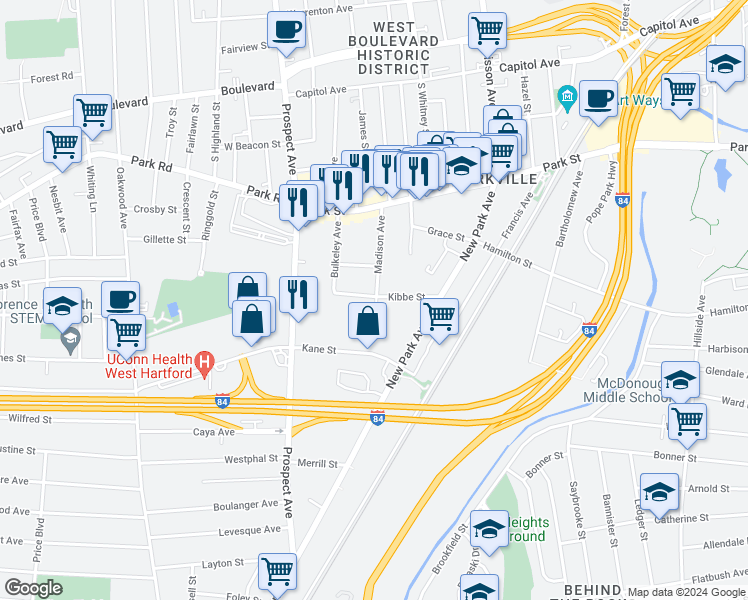 map of restaurants, bars, coffee shops, grocery stores, and more near 57 Madison Avenue in Hartford